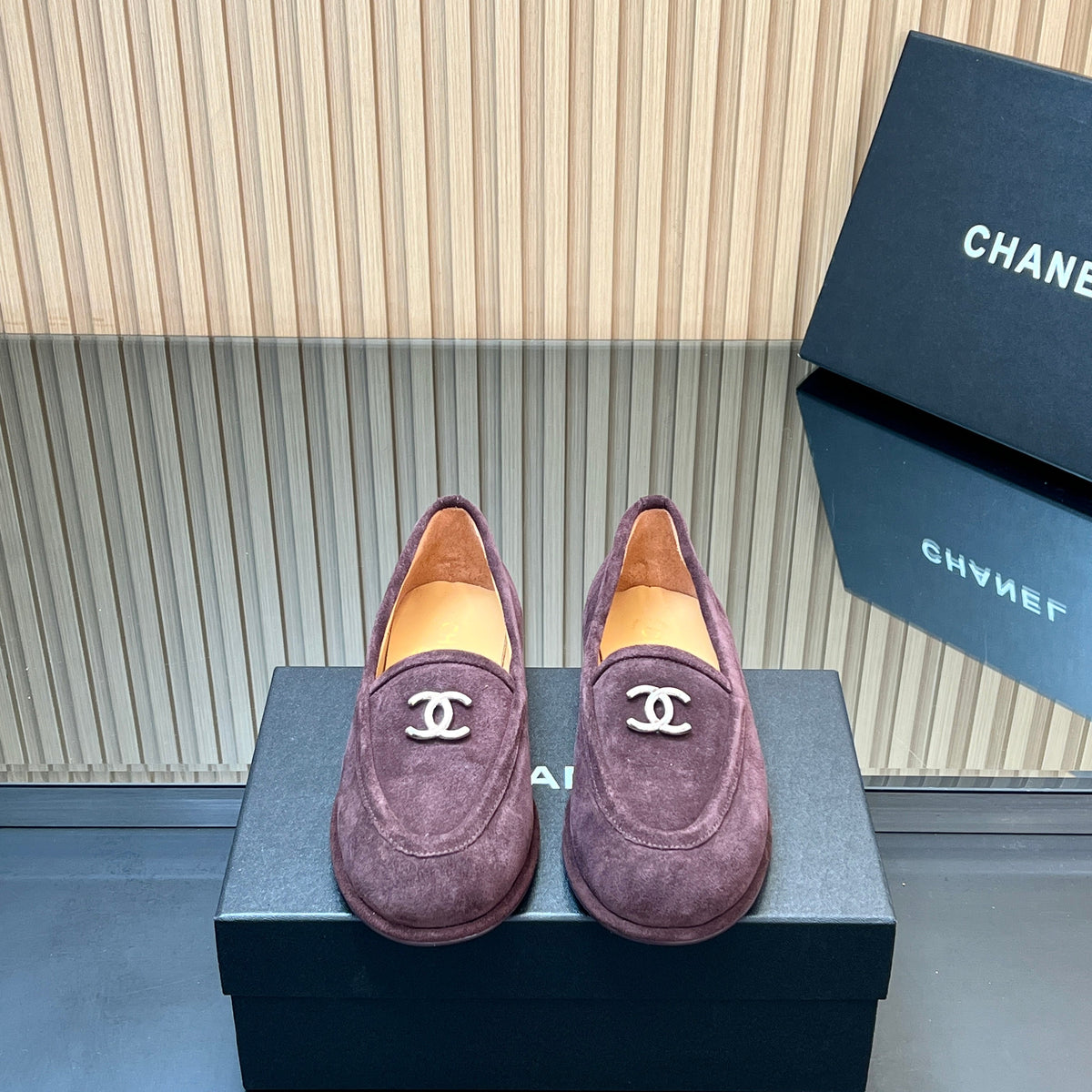 CHANEL 25S TEDDY LOAFER 15MM IN DARK PURPLE SUEDE SILVER HARDWRE